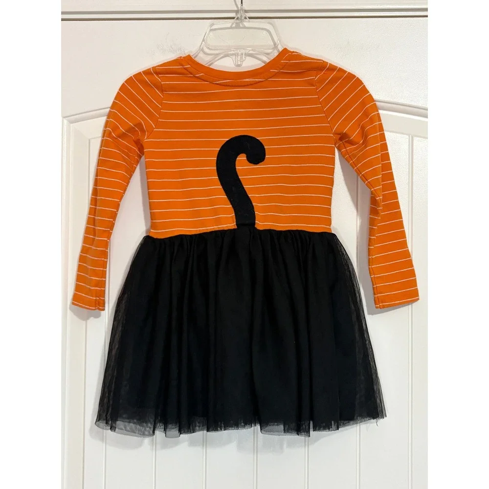 Cat & Jack Girls 5T Halloween Black Cat Tutu Dress Orange Striped Long Sleeve